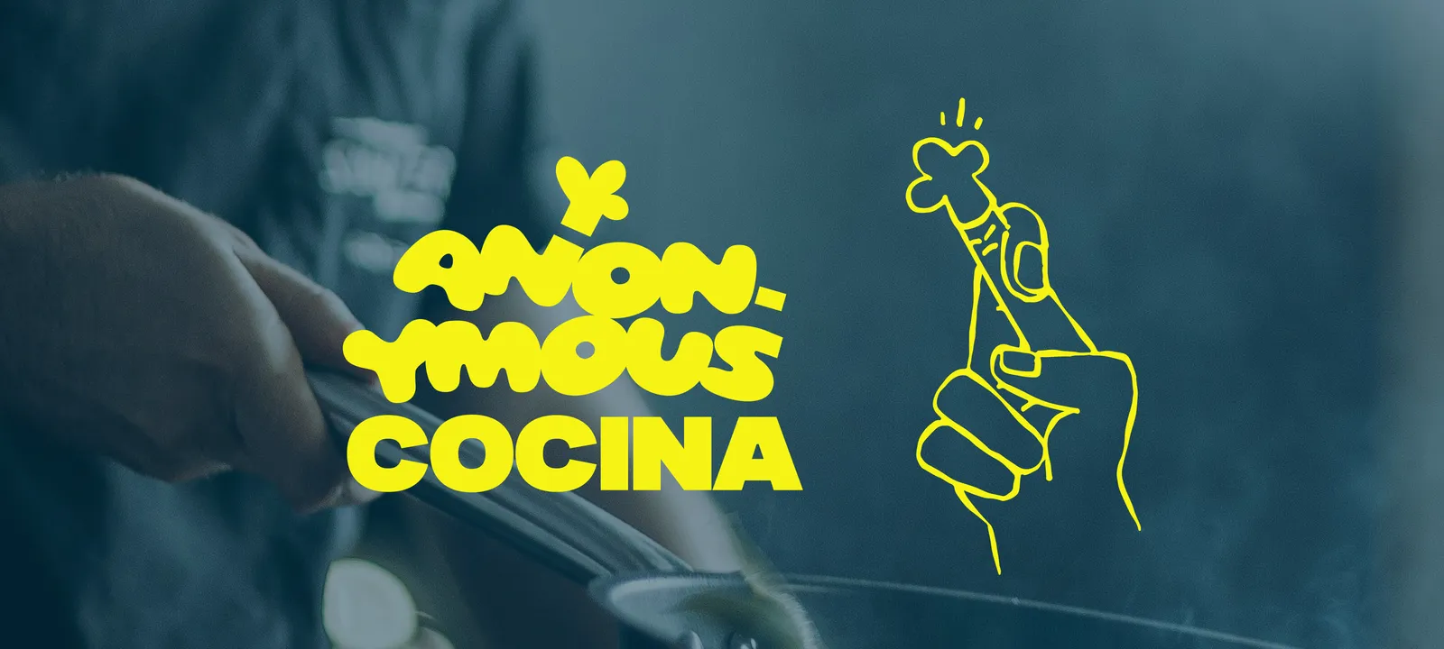 Anonymous Cocina wordmark in yellow with a fingers-crossed illustration, over a blue-tinted cooking scene