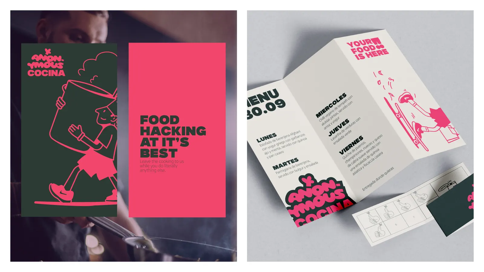 Poster of the cook mascot carrying a pot with 'Food hacking at it's best', beside a tri-fold weekly menu