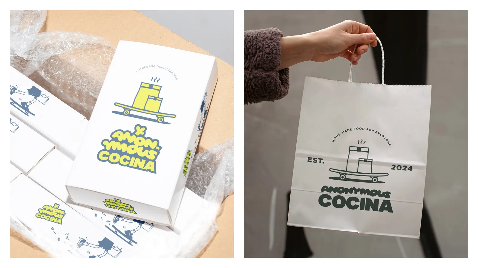 White delivery boxes printed with the skateboard delivery icon, and a paper bag stamped with the round logo