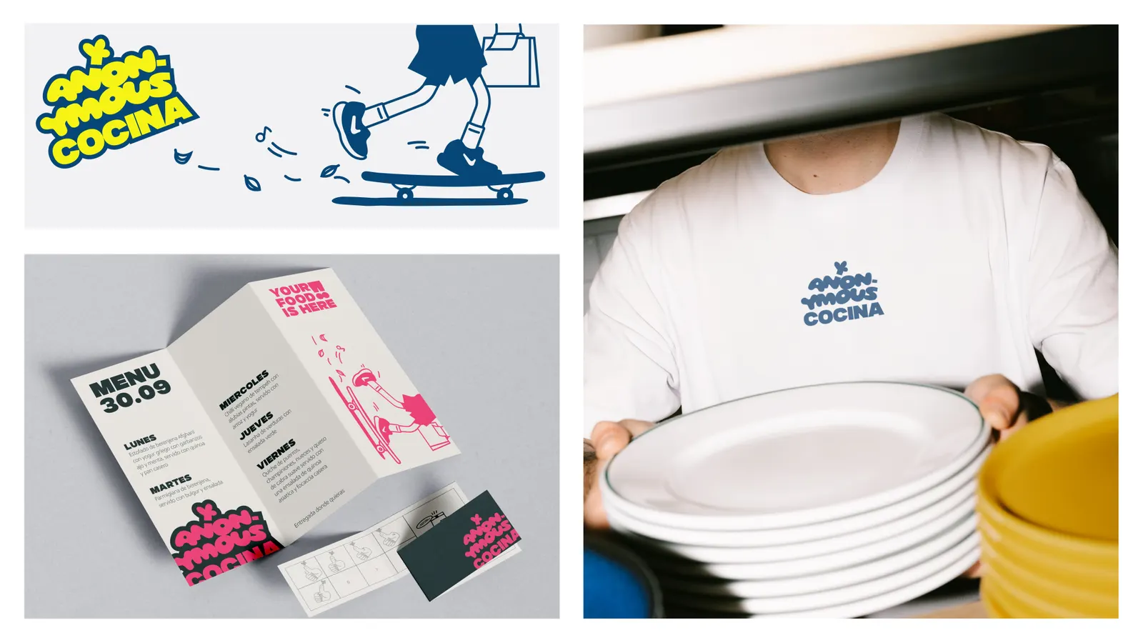 Skateboarding delivery illustration, tri-fold menu with stamp card, and the wordmark on a white tee