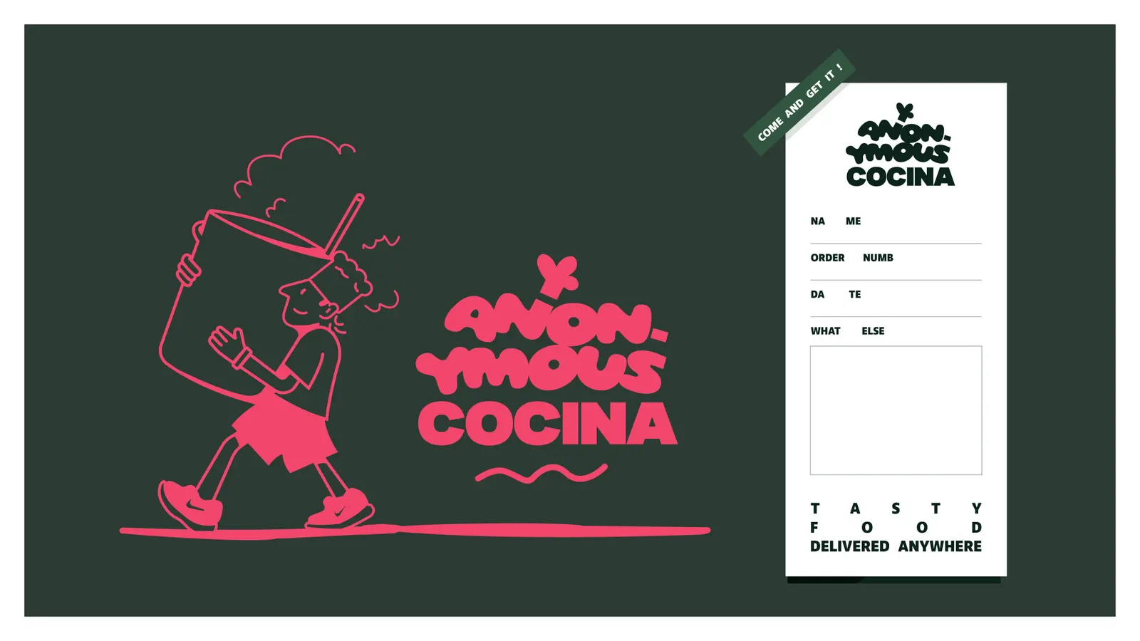 Dark green poster of the mascot carrying a cooking pot, next to a printed order form