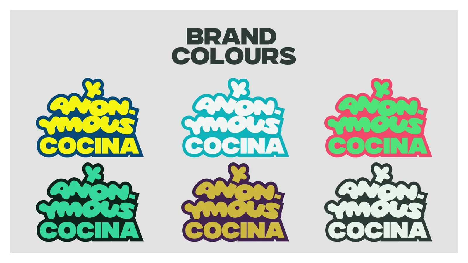 Brand colour variations of the bubbly Anonymous Cocina wordmark