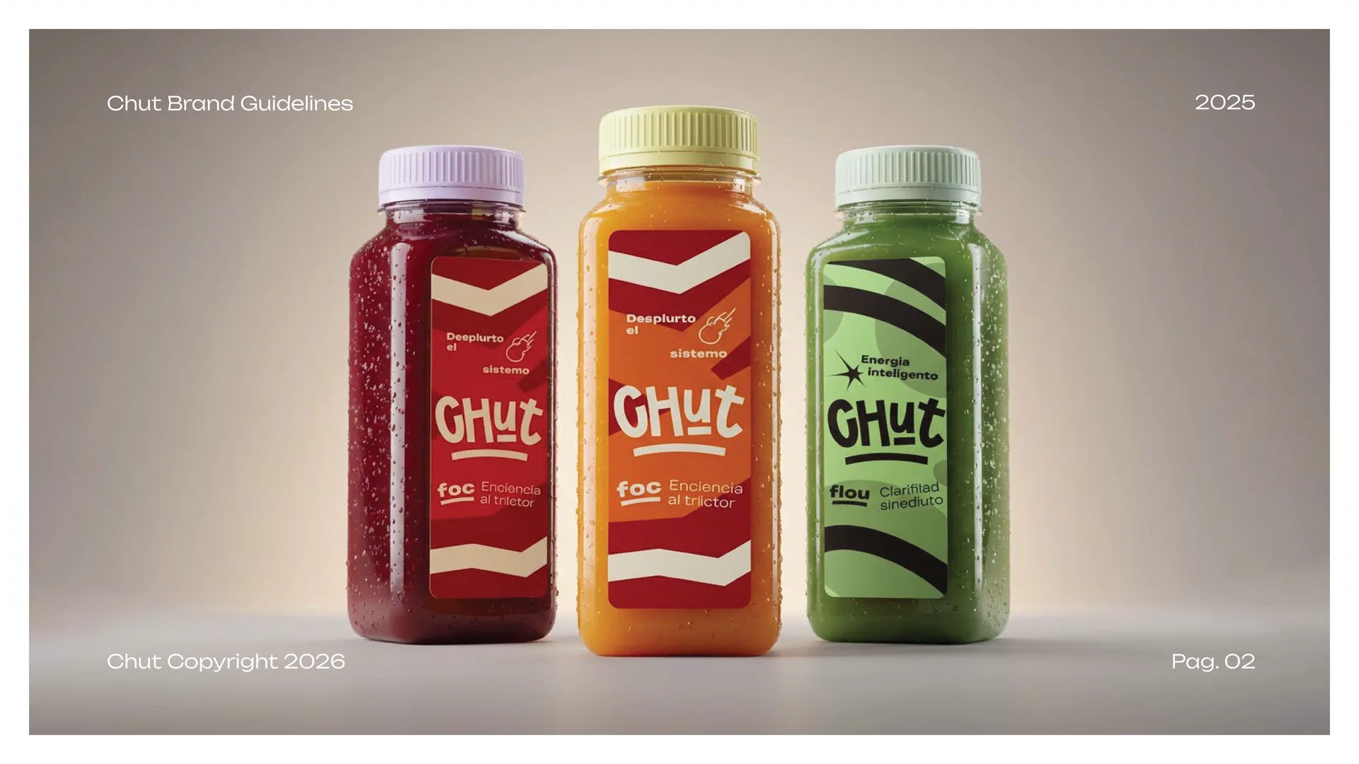 Three Chut juice bottles with red, orange, and green labels lined up in a neutral studio
