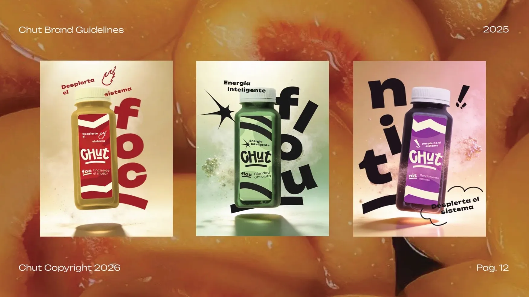 Three Chut juice label designs — red foc, green flou, purple nit — floating over a backdrop of peaches