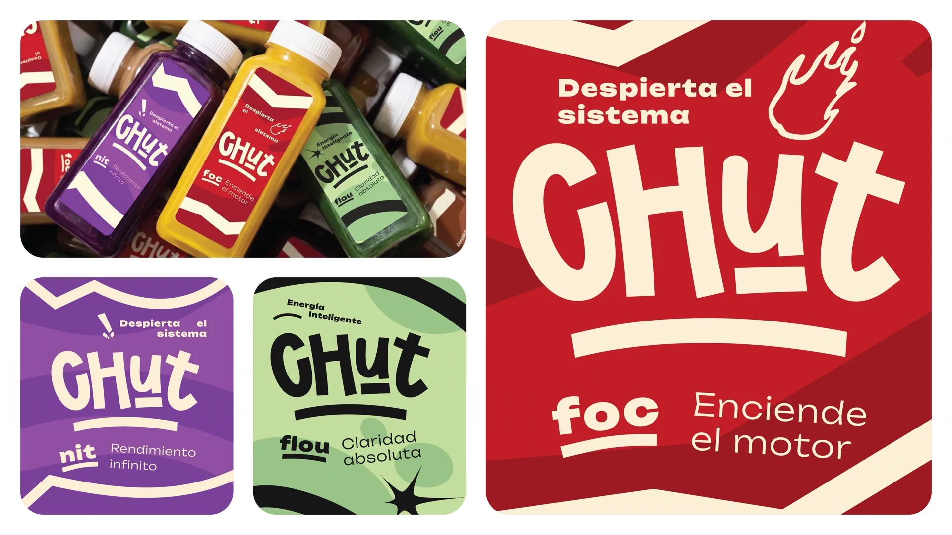 Chut label artwork in red, purple, and green with the hand-drawn logo, beside a photo of the labelled bottles