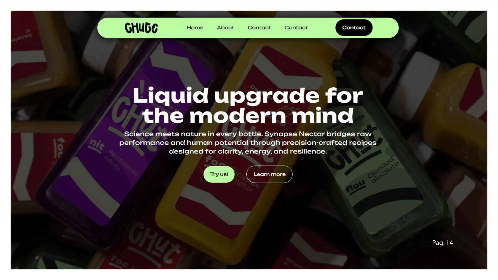 Chut landing page hero reading 'Liquid upgrade for the modern mind' over a pile of bottles