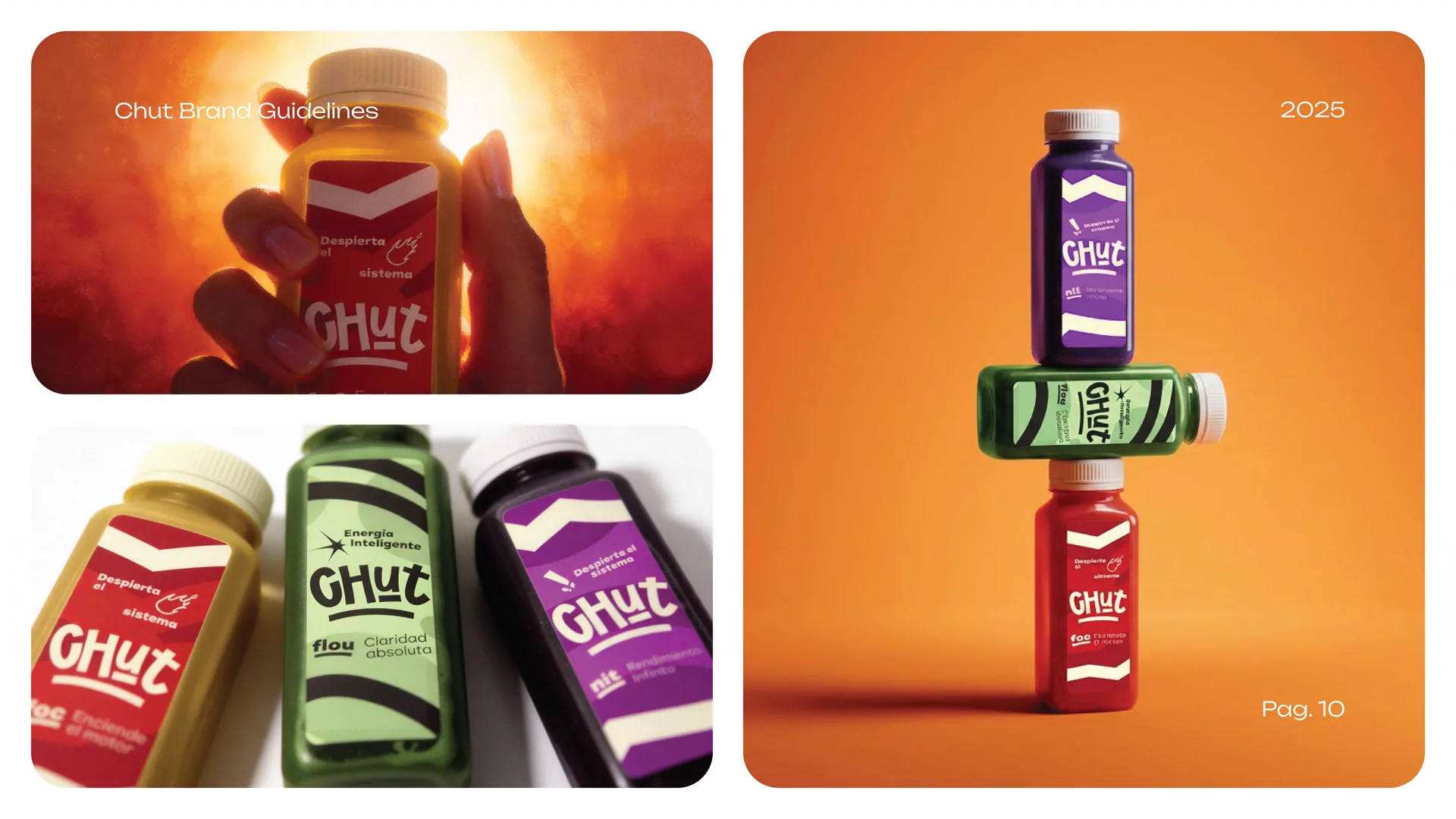 Chut brand imagery: a hand raising a bottle against a fiery glow, label close-ups, and three bottles stacked on orange