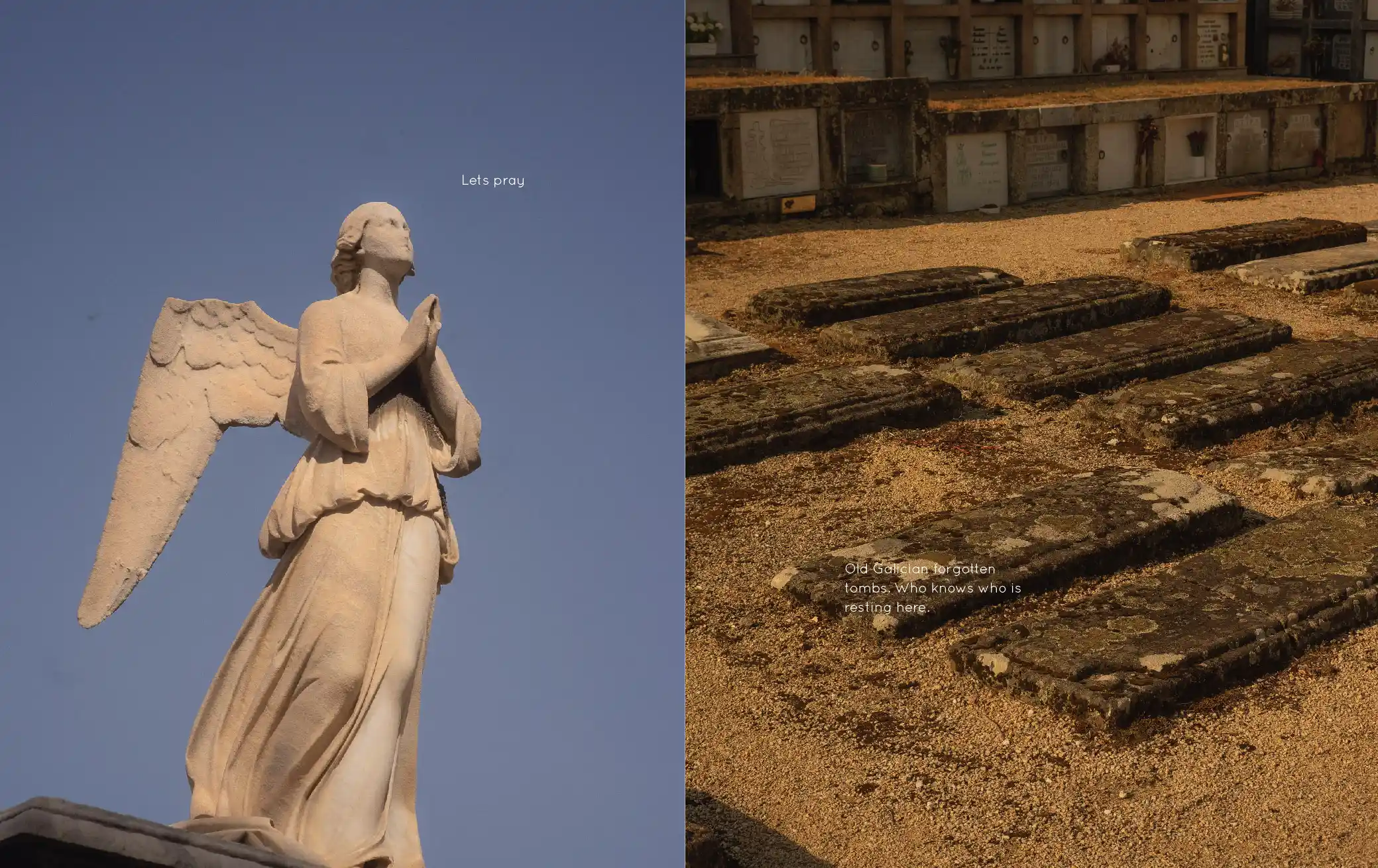 Book spread: a praying angel statue against blue sky beside sunlit forgotten Galician tombs