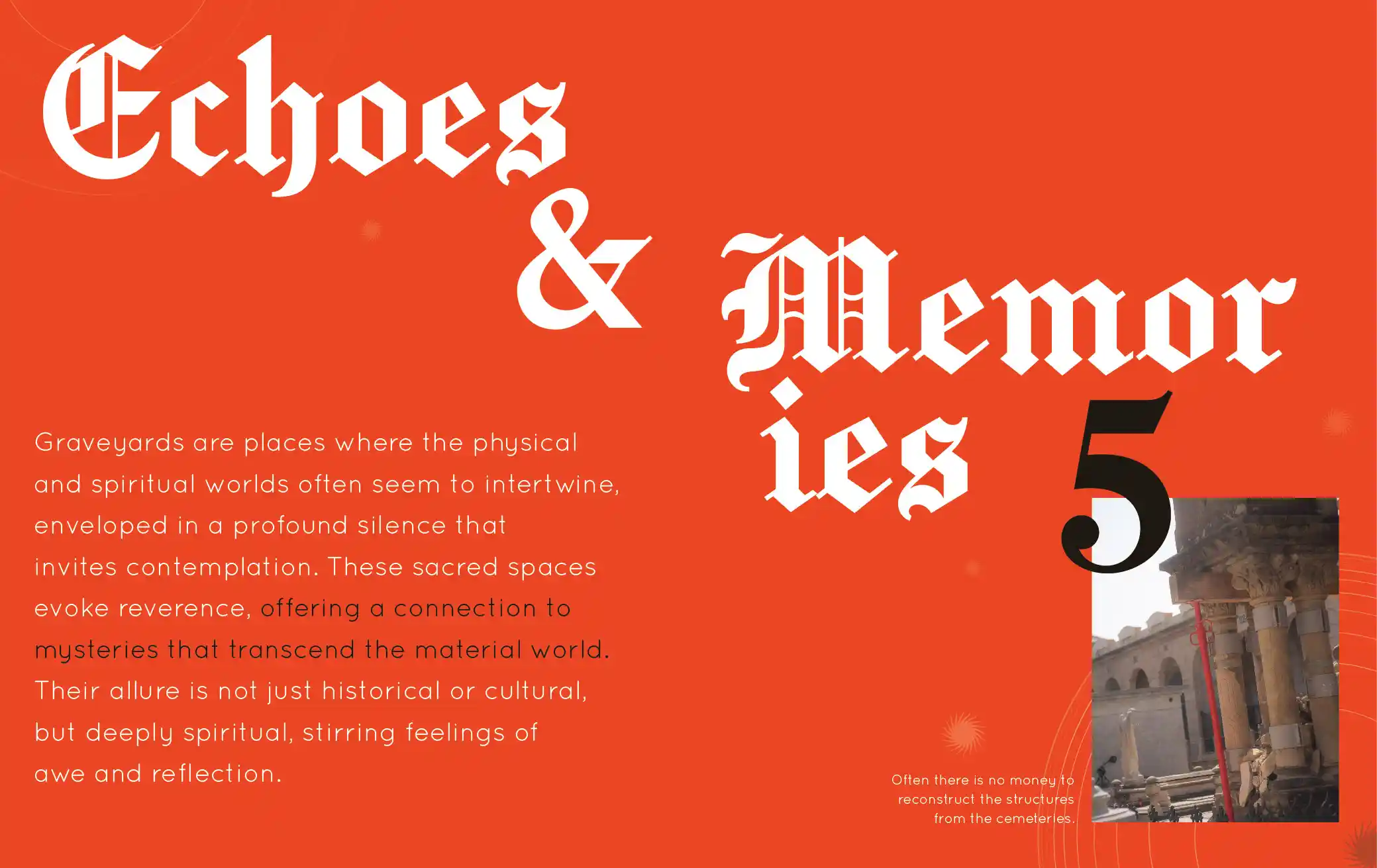 'Echoes & Memories' chapter opener set in white blackletter on bright red
