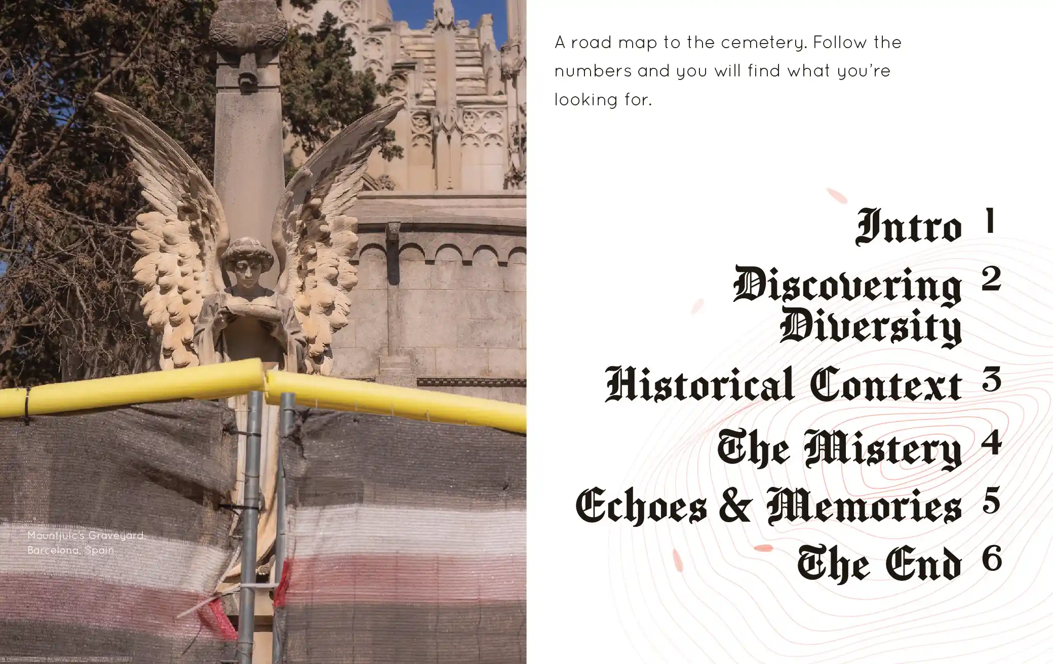 Book spread pairing a photo of a winged angel statue with a blackletter table of contents