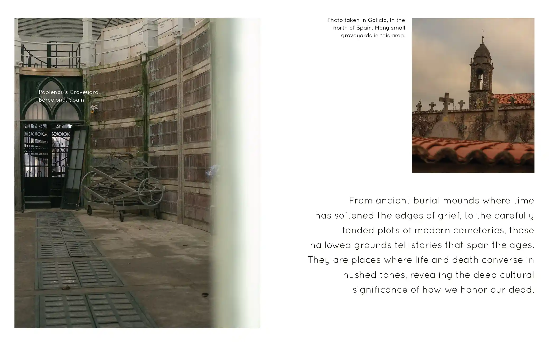 Book spread of Poblenou and Galician graveyard photographs with small captions