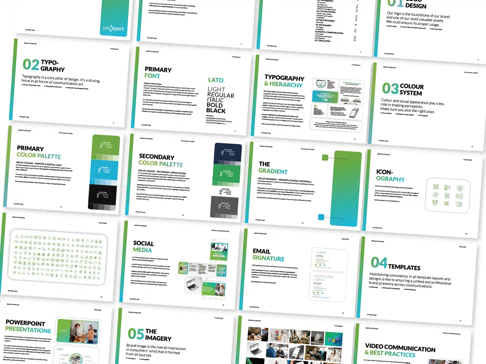 Overview of PayXpert brand guideline pages covering logo, typography, colour system, iconography, and templates