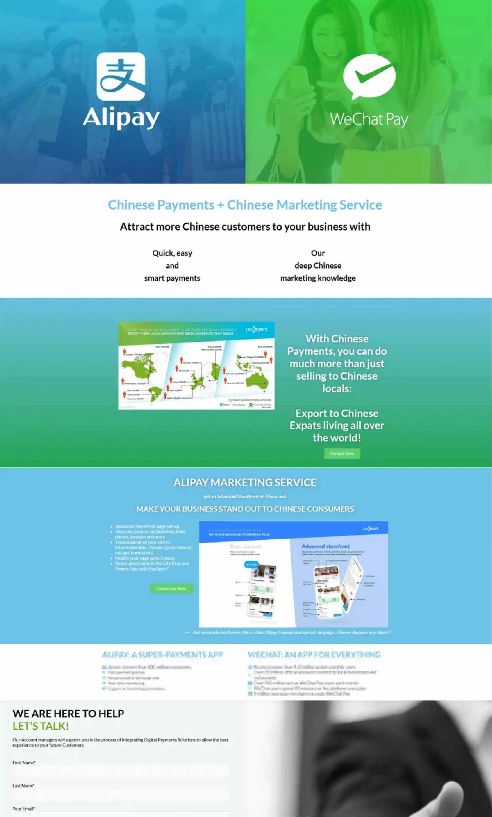Old PayXpert landing page for Chinese payment methods, dense blocks of text over blue and green stock imagery