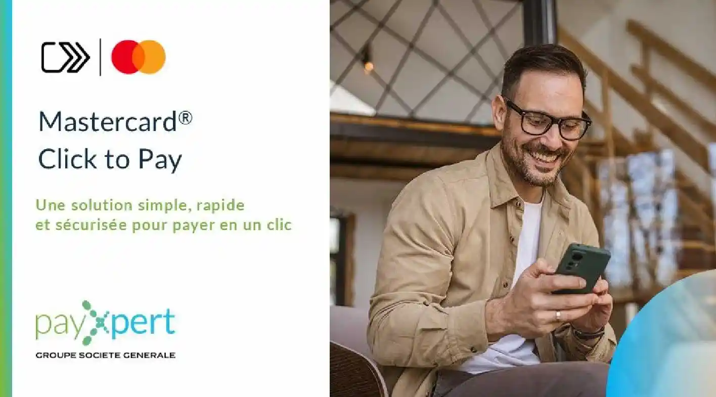 Old PayXpert Mastercard Click to Pay banner, split layout with a stock photo of a man using his phone