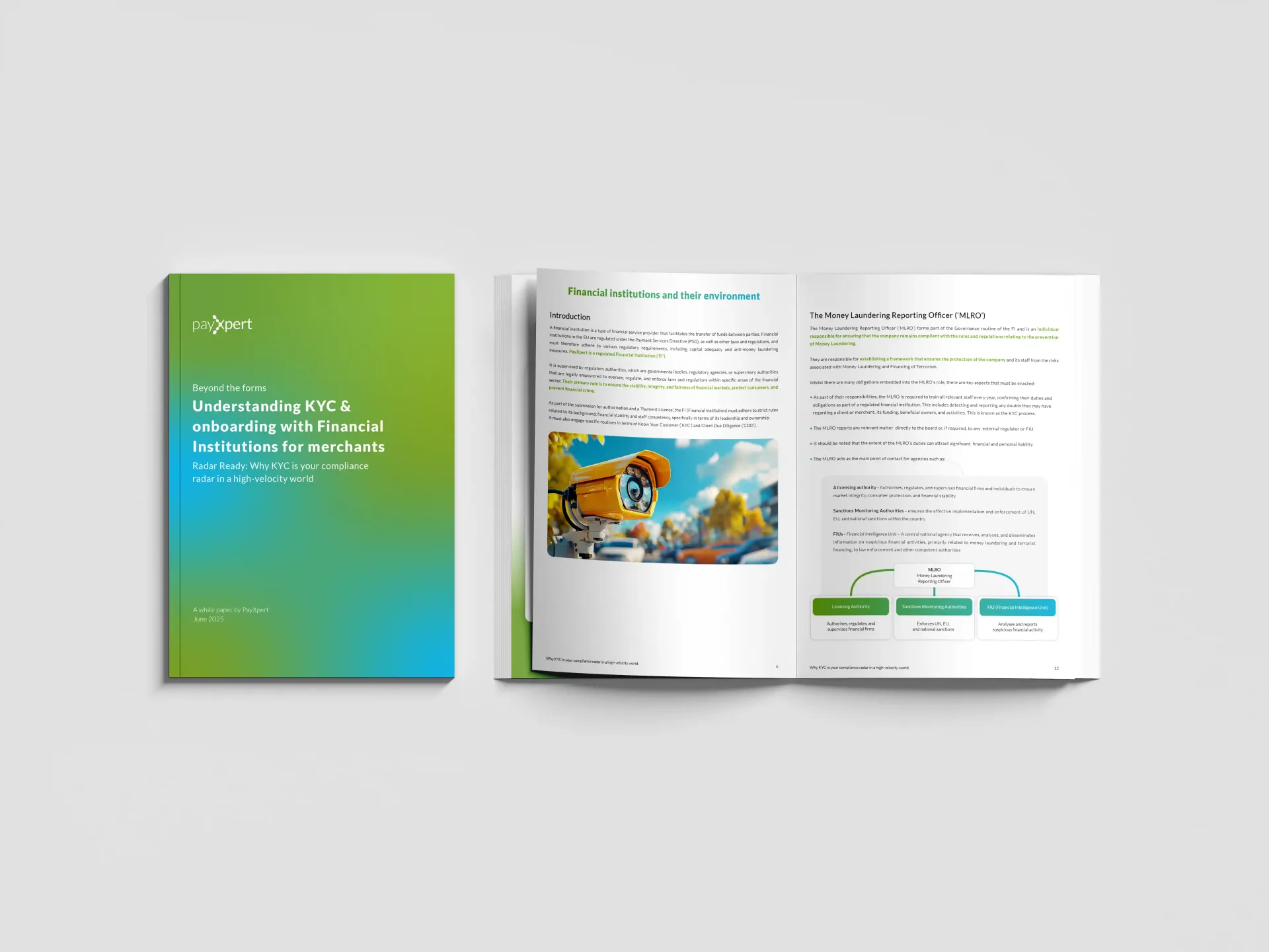 PayXpert KYC whitepaper mockup: gradient green cover next to an open inner spread