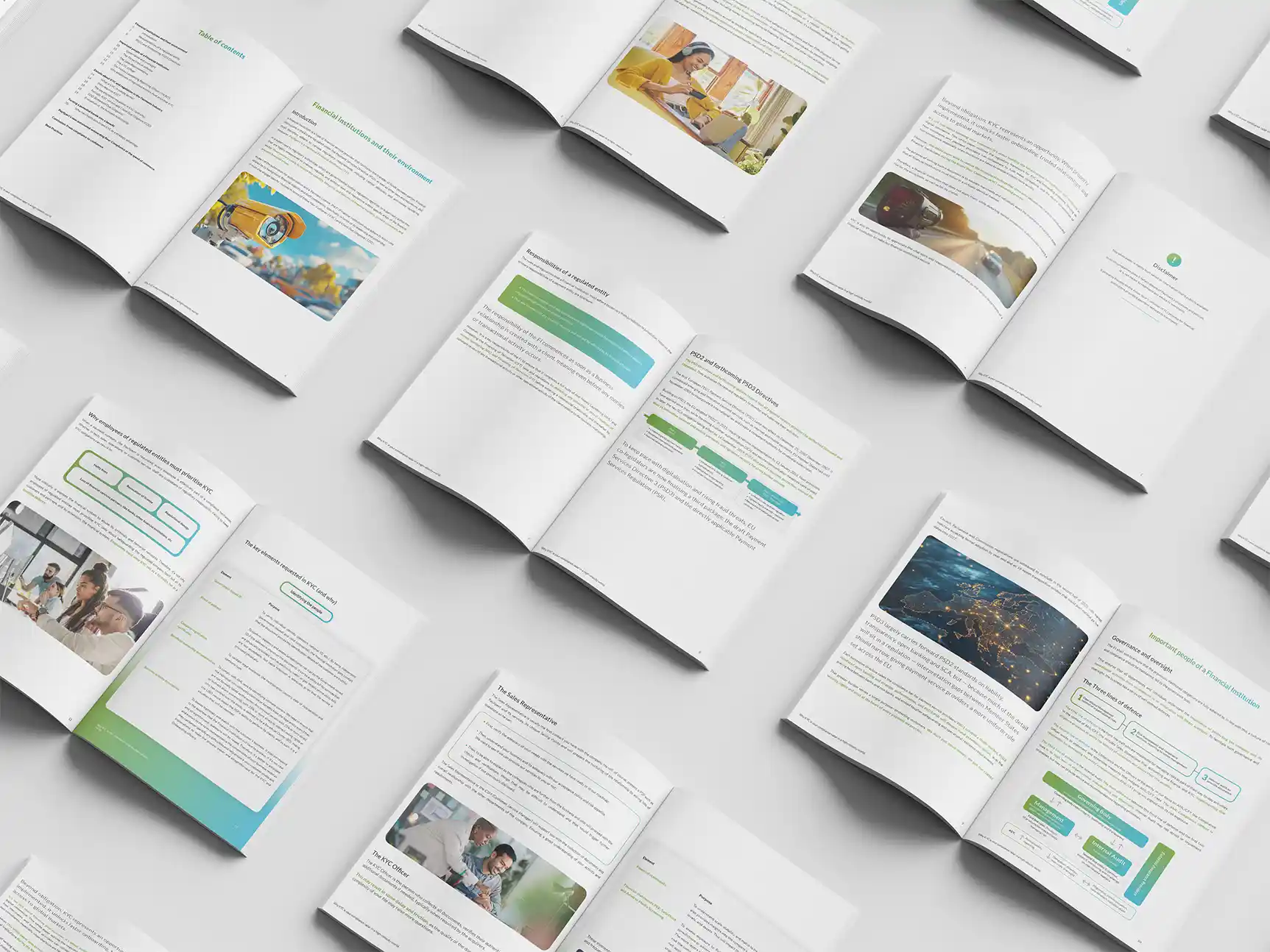 Grid of open PayXpert whitepaper spreads showing typography, diagrams, and photography