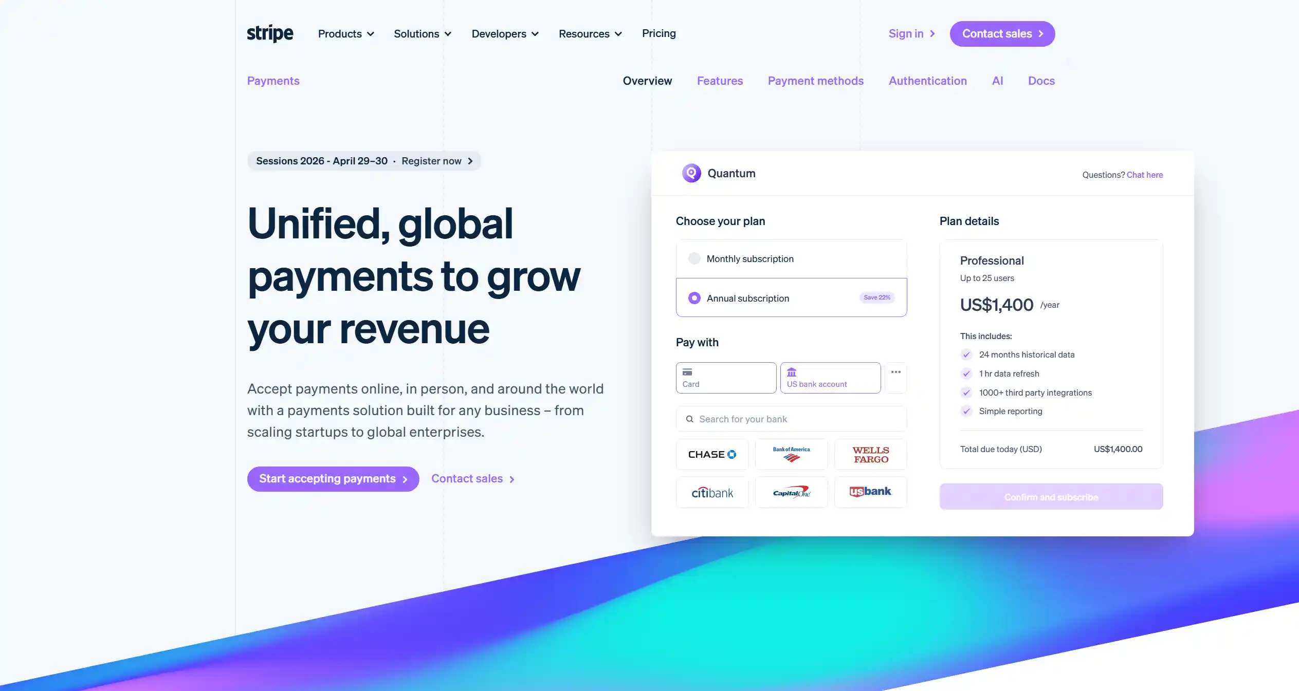 Stripe payments homepage, part of the competitive analysis of leading fintech brands