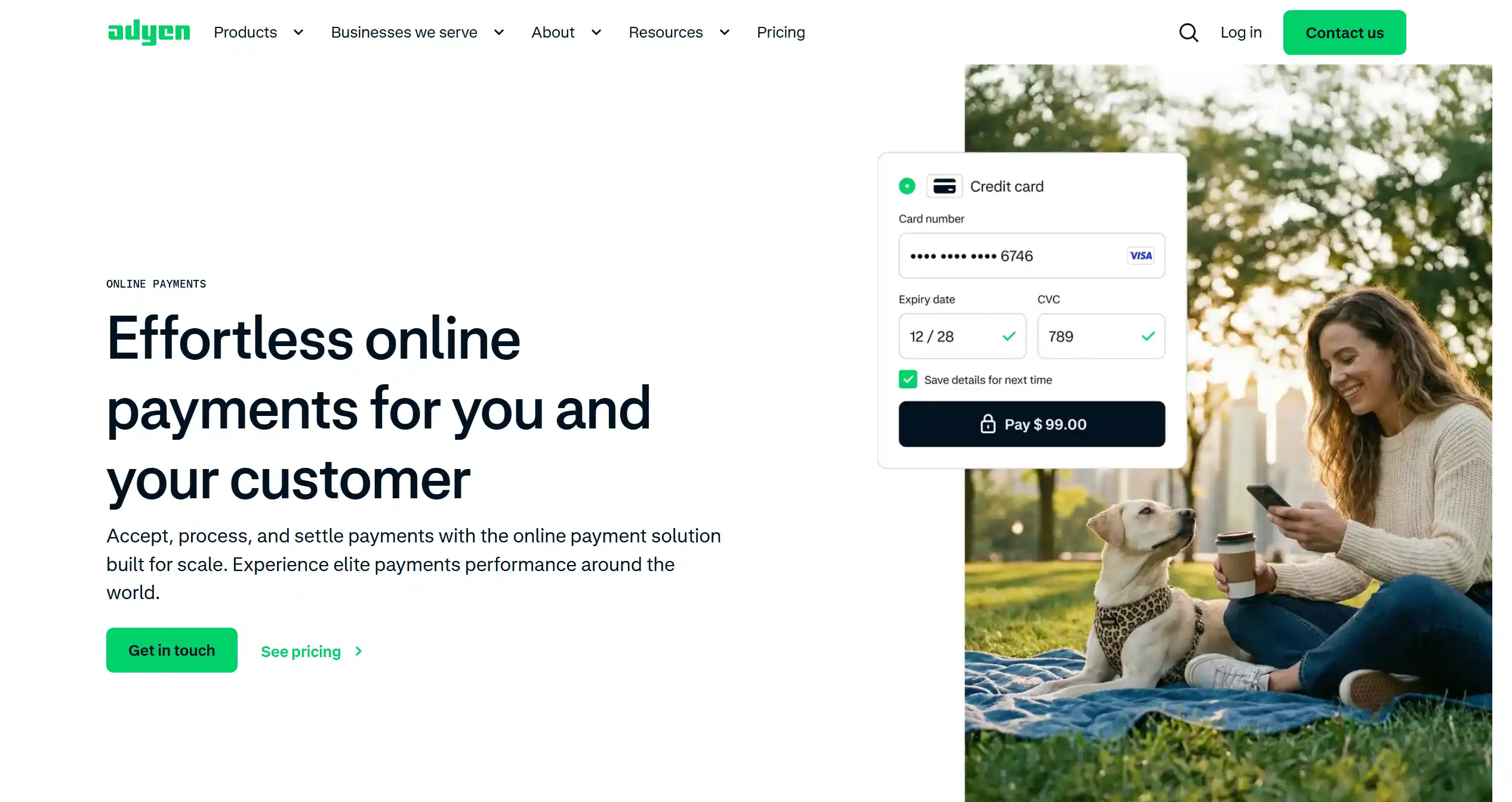 Adyen online payments homepage, part of the competitive analysis of leading fintech brands