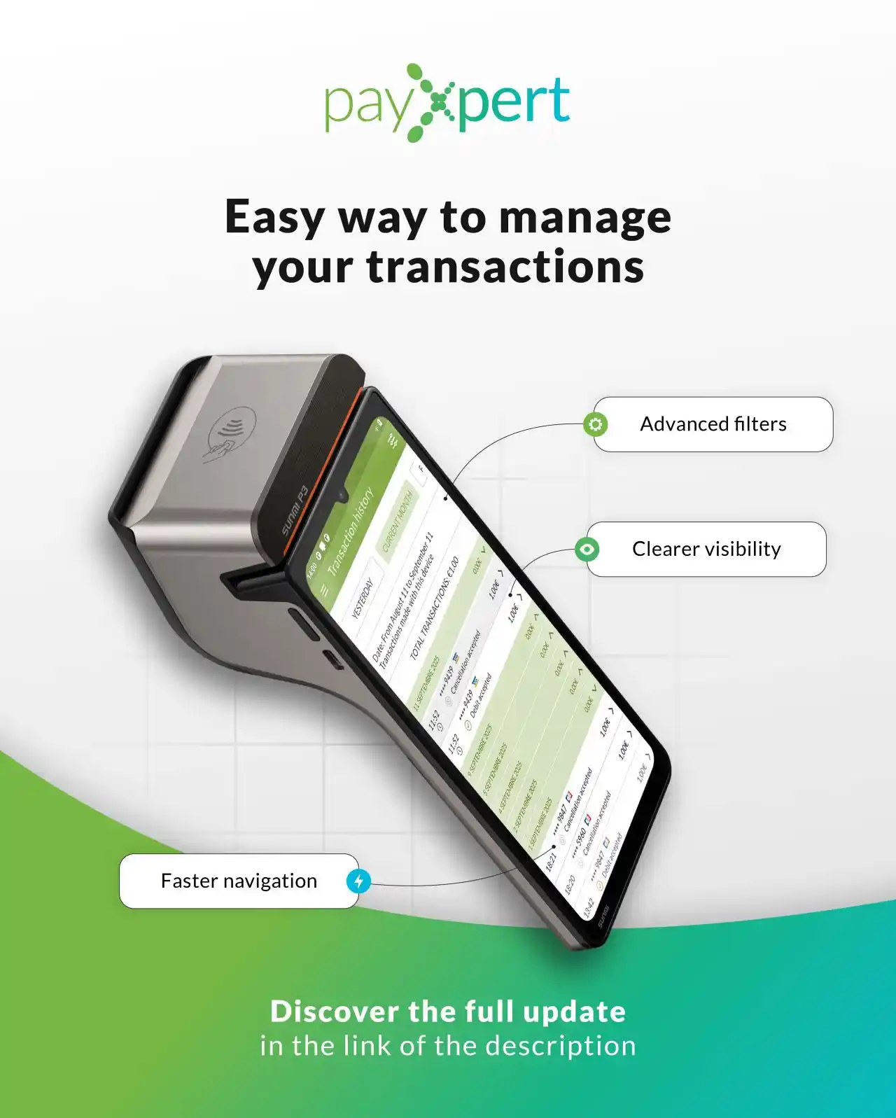 PayXpert social post of a SUNMI payment terminal with callouts for advanced filters, clearer visibility, and faster navigation