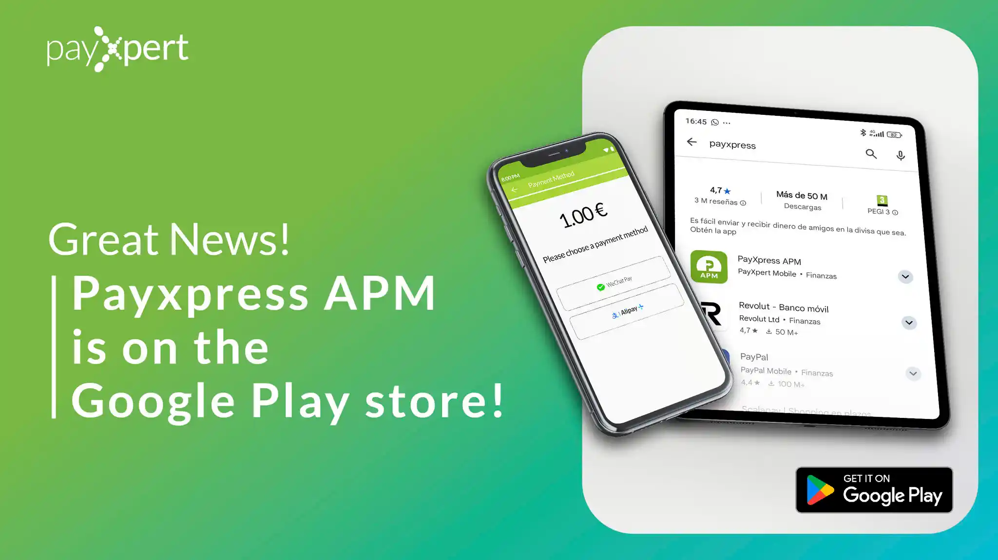 PayXpert social post announcing the Payxpress APM app on the Google Play store, phone and tablet mockups on green