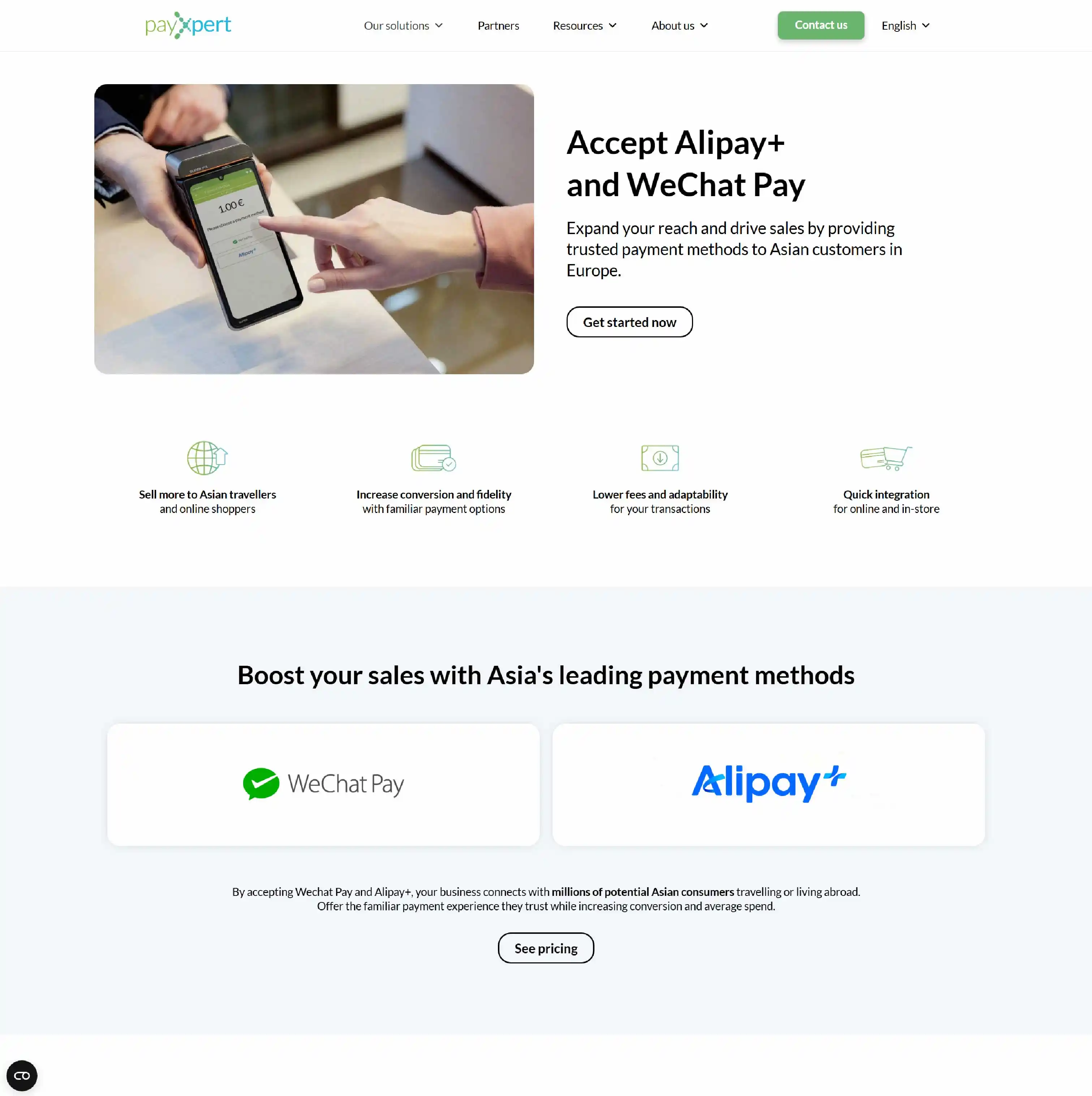 Redesigned PayXpert page for Alipay+ and WeChat Pay acceptance, with spacious icon rows and brand cards