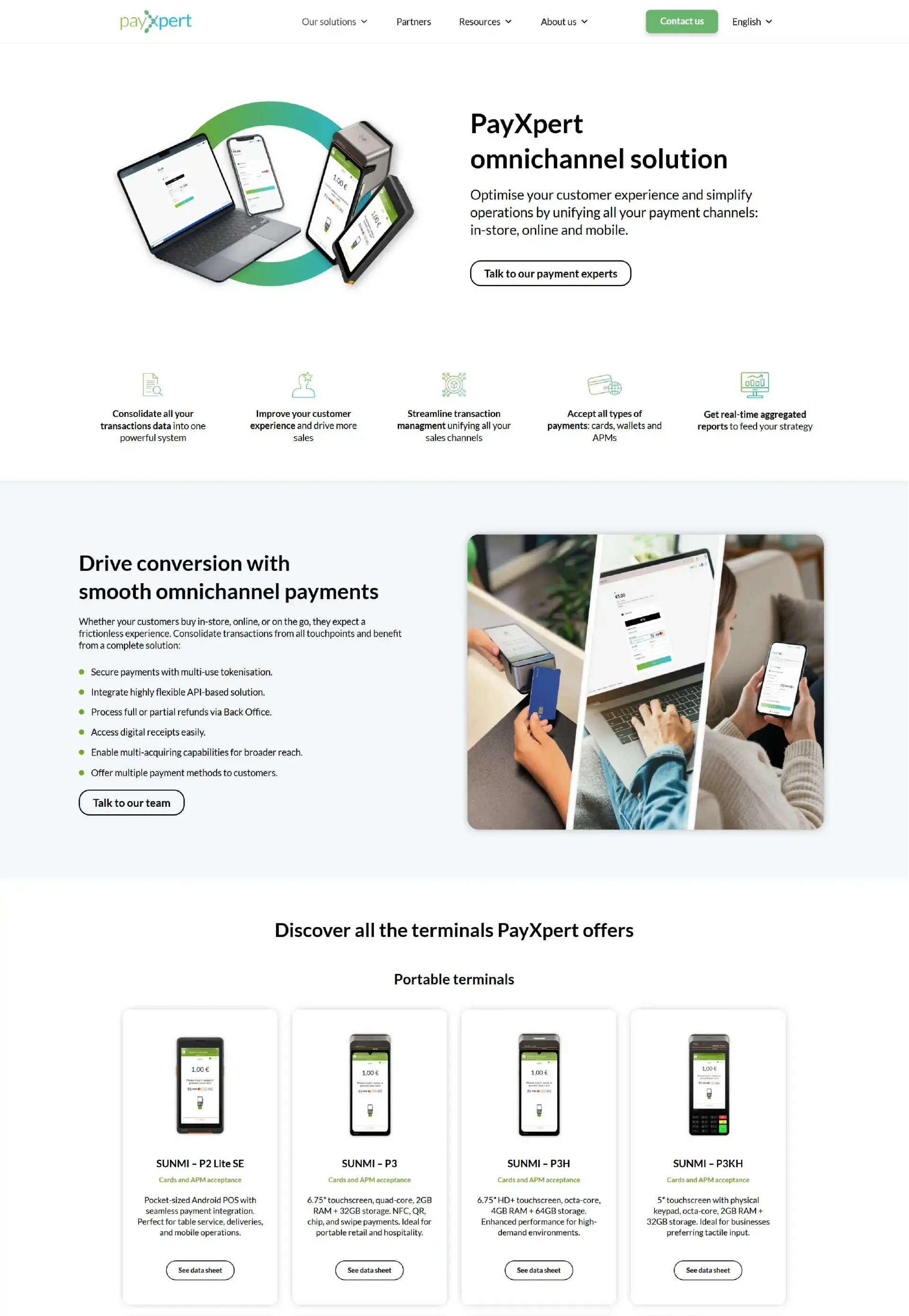 Redesigned PayXpert omnichannel solution page with device mockups and portable terminal product cards