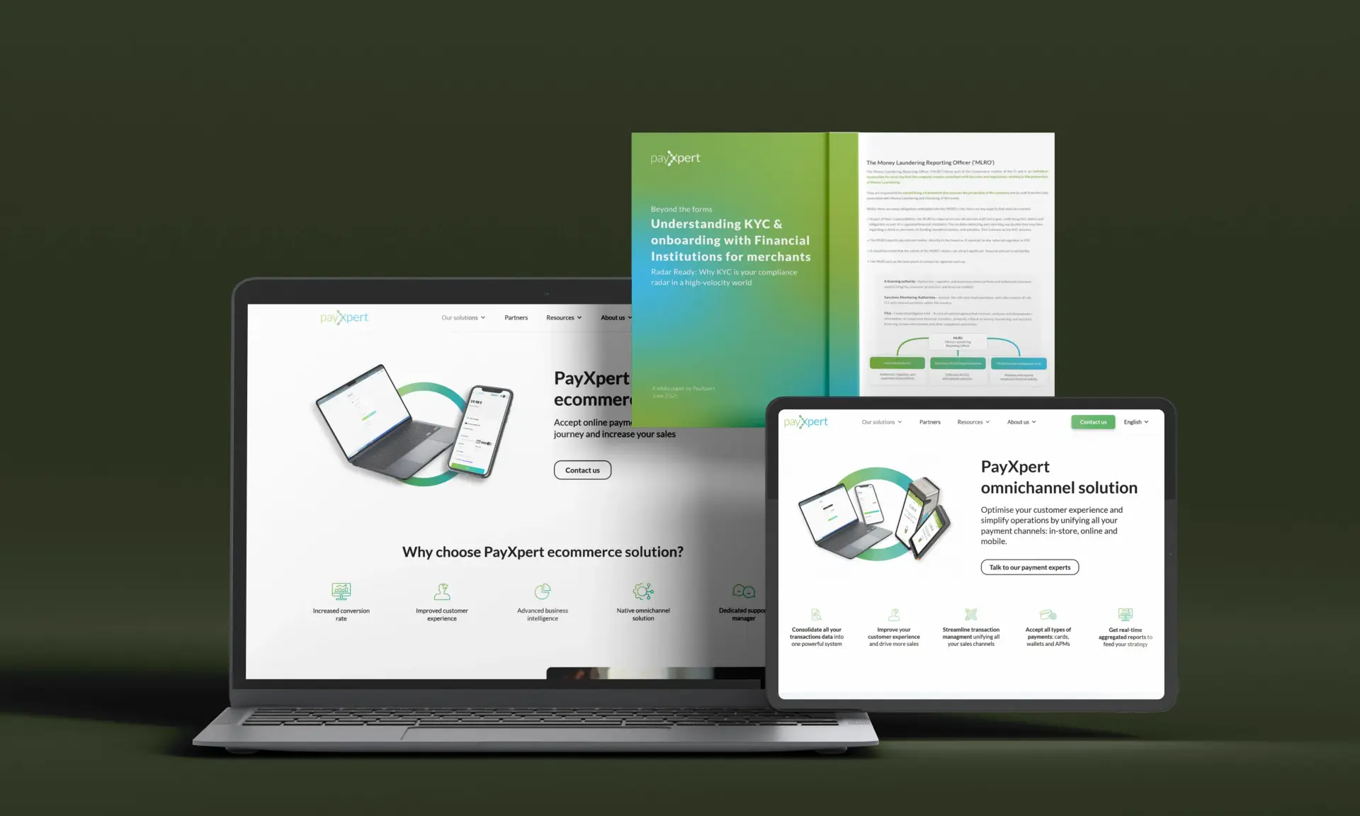 PayXpert website and whitepaper mockups on a laptop and tablet against a dark green backdrop