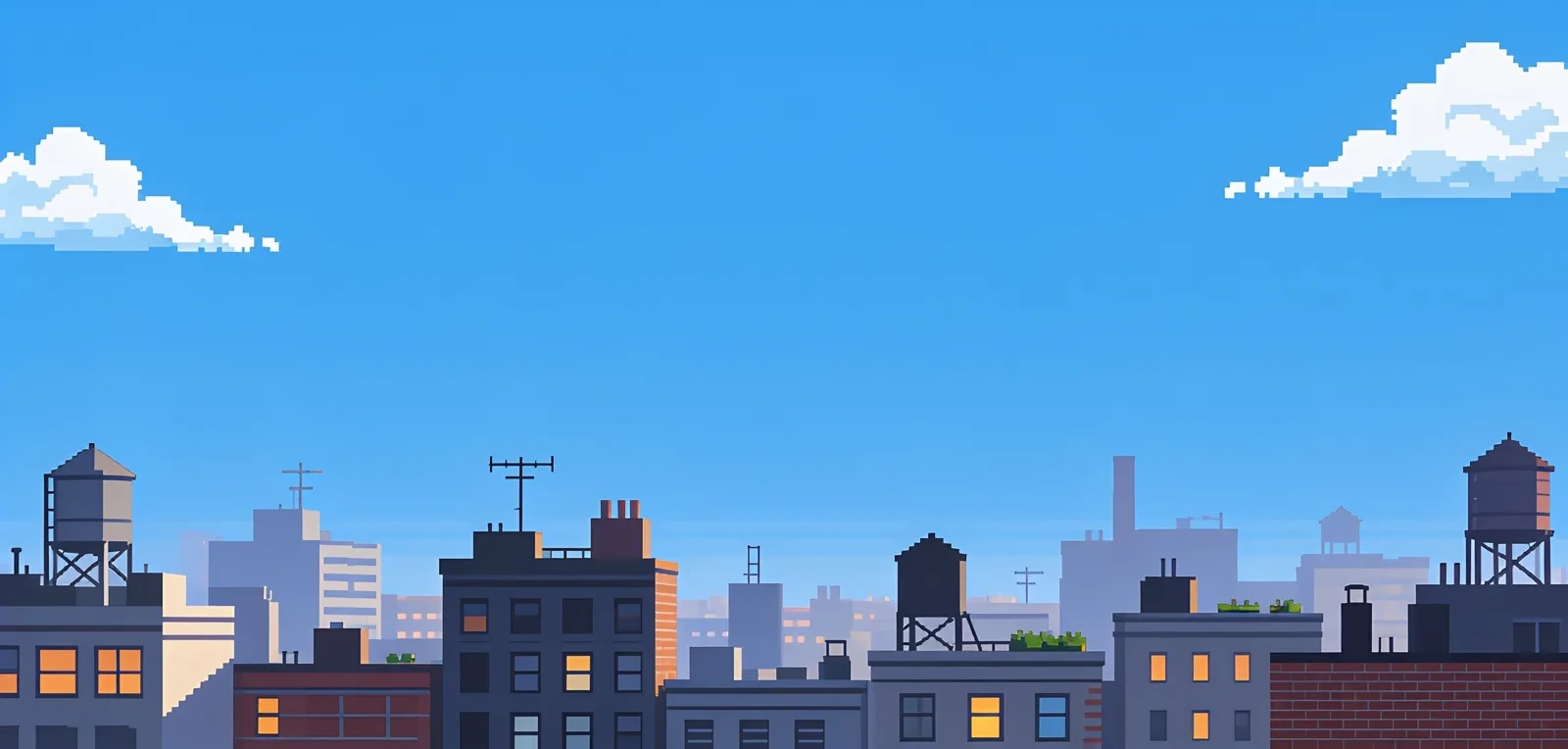 Pixel-art city skyline generated in Magnific — rooftops, water towers and clouds under a wide blue sky