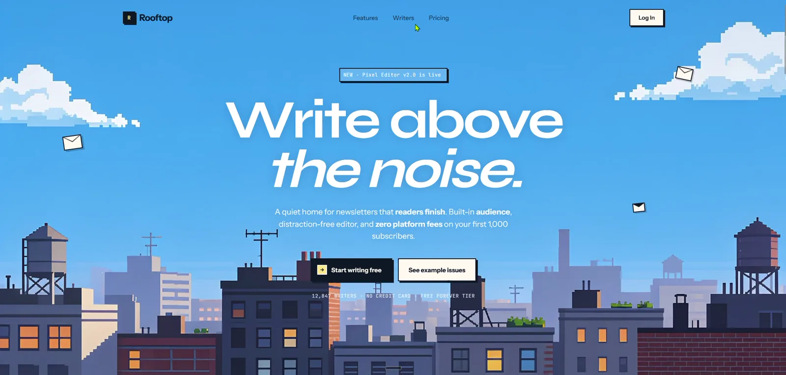 The Rooftop homepage hero: the pixel-art skyline with the headline “Write above the noise”
