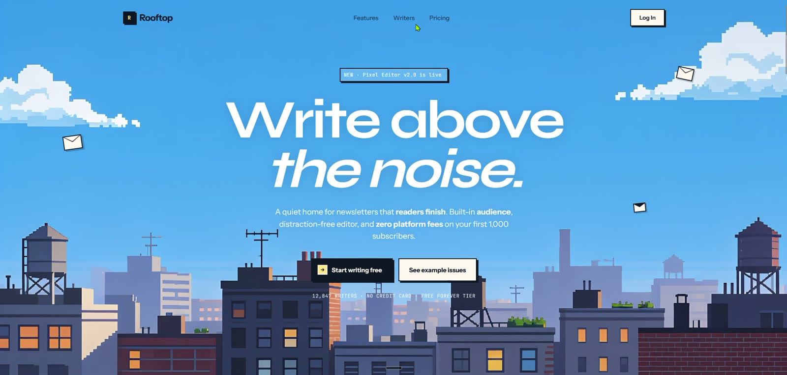 The Rooftop homepage at rest: a pixel-art city skyline under the headline “Write above the noise”